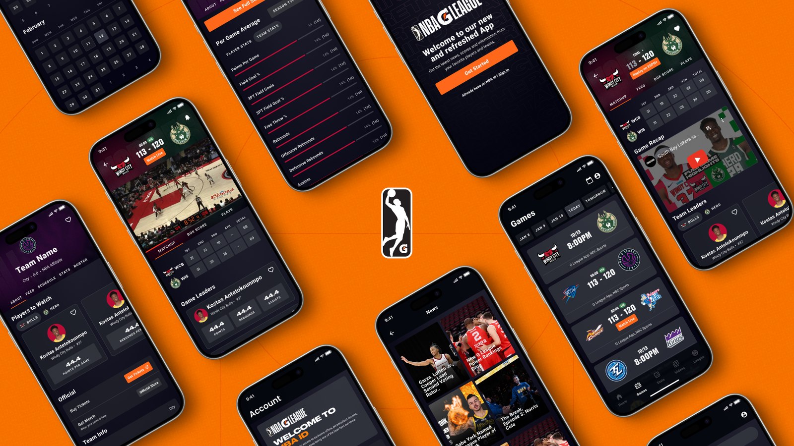 NBA G League app suite showing games, team pages, stats and news screens