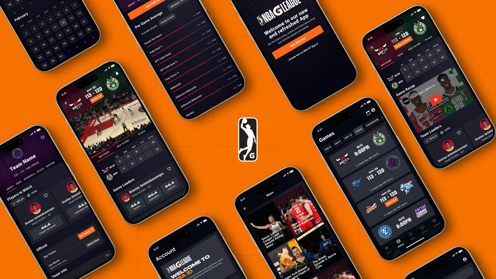 NBA G League app suite showing games, team pages, stats and news screens