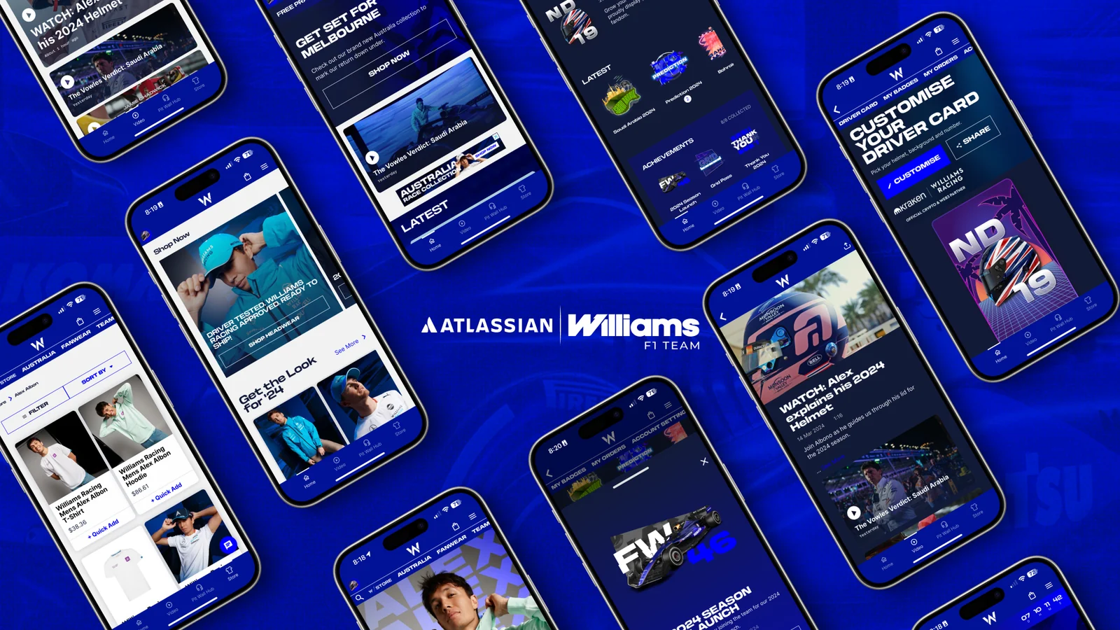 Atlassian Williams F1 Team app suite showing the store, driver card and race content screens
